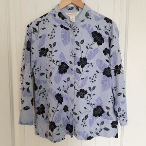 Norm Thompson Silk Leaf/Floral Button Up 3/4 Sleeve Mandarin Collar Blue Size M